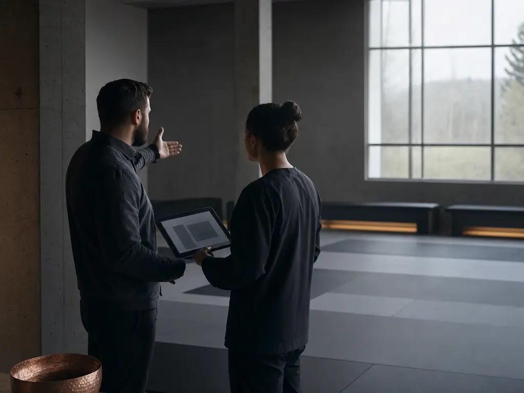 Two professionals reviewing a structured plan on a tablet at the edge of a training floor.
