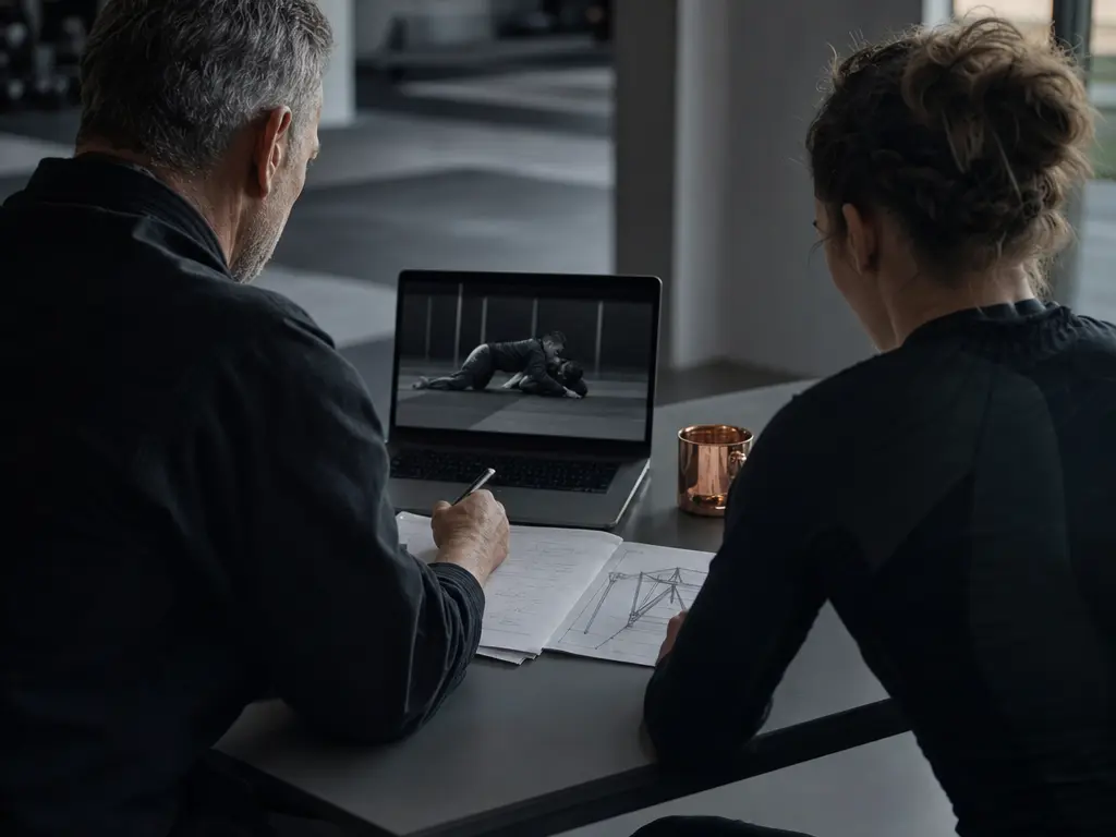 A coach and an athlete reviewing training footage and written notes side by side.