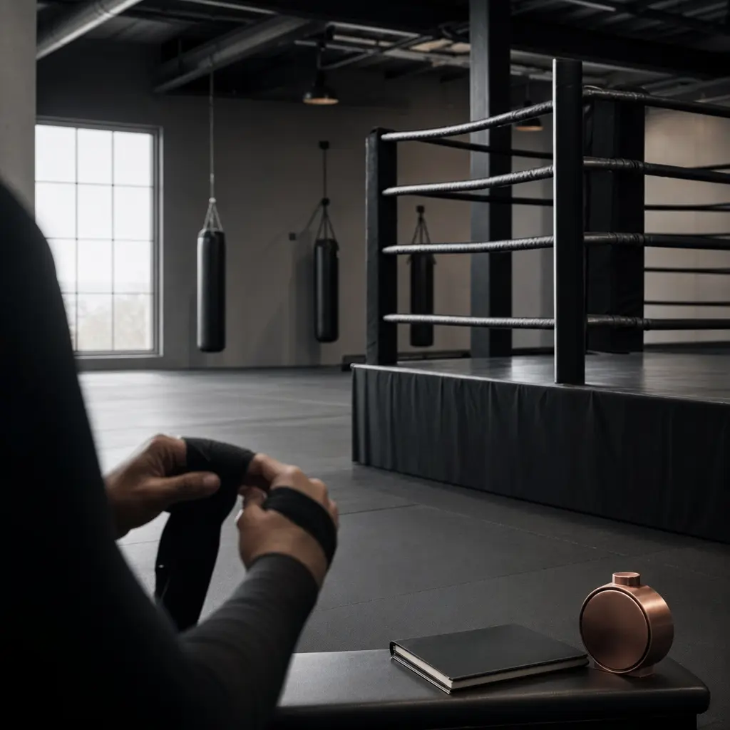 A practitioner finishing a hand wrap beside a closed notebook and a timer in an empty training hall.