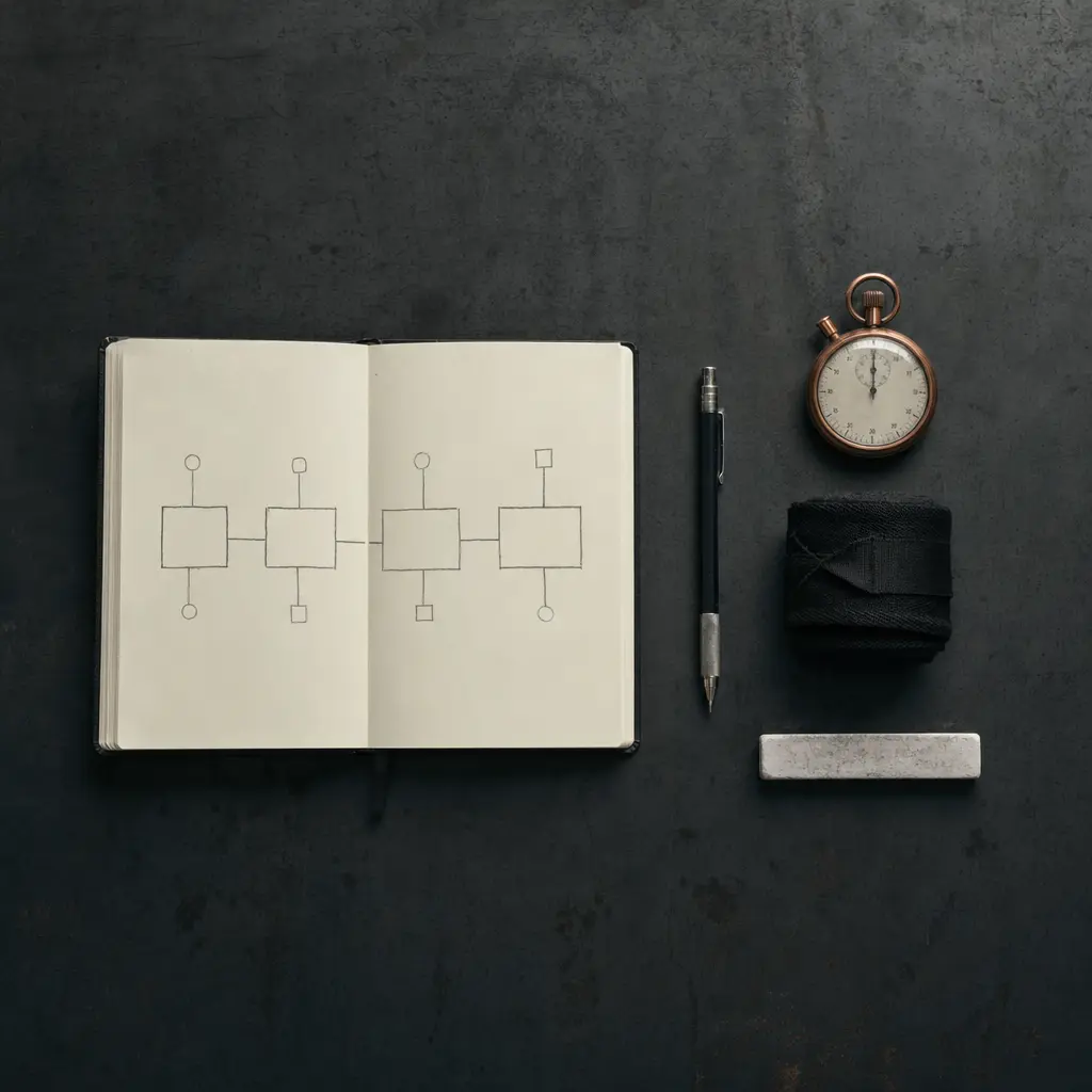 An open notebook with a hand-drawn four-stage framework, a pencil, a stopwatch and a hand wrap on a steel surface.